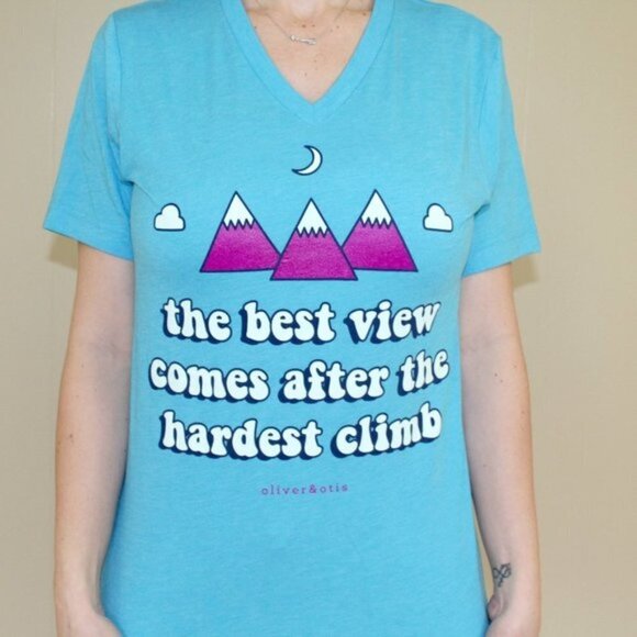 Best View Hardest Times Mountain Tee Blue Quote - Picture 1 of 3